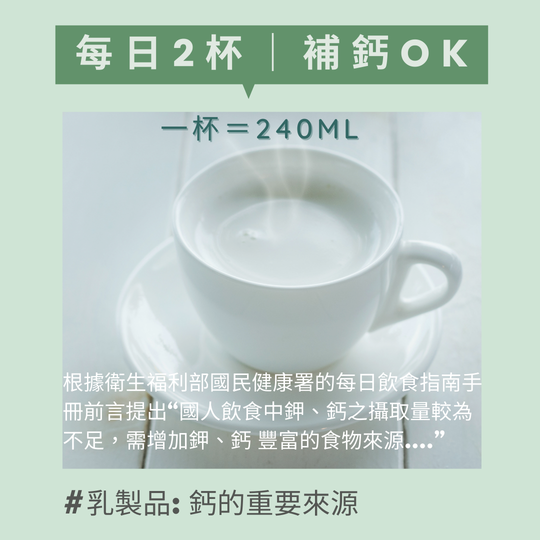 補鈣，每天要喝多少才夠呢？每日攝取1~2杯乳品是最容易滿足鈣攝取量的方法（一杯為240毫升）